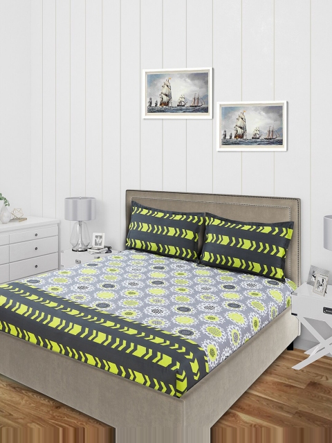 

Salona Bichona Grey & Lime Green Floral 144 TC Cotton 1 Queen Bedsheet with 2 Pillow Covers