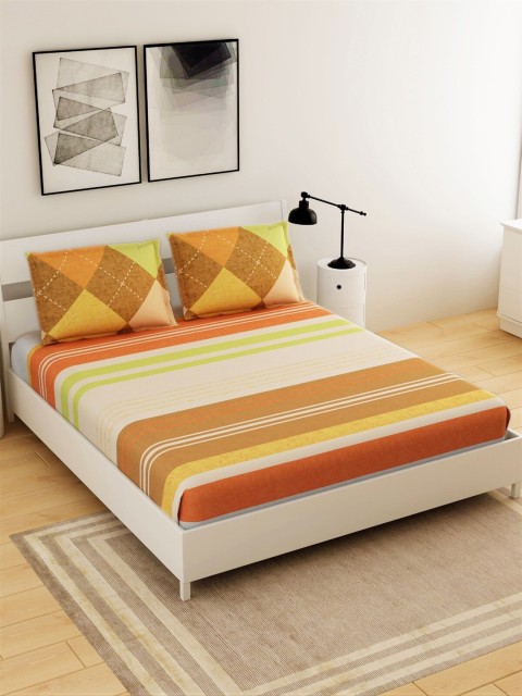 

Salona Bichona Multicoloured Striped 144 TC Polyester 1 Queen Bedsheet with 2 Pillow Covers, Multi
