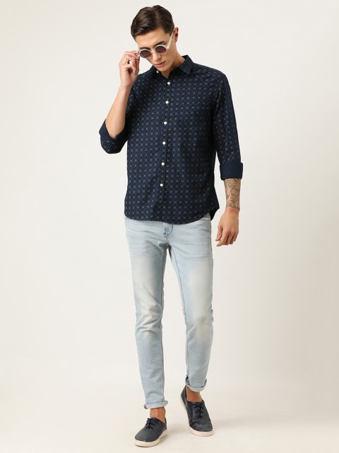 

Flying Machine Men Navy Blue & Mustard Slim Fit Printed Casual Shirt