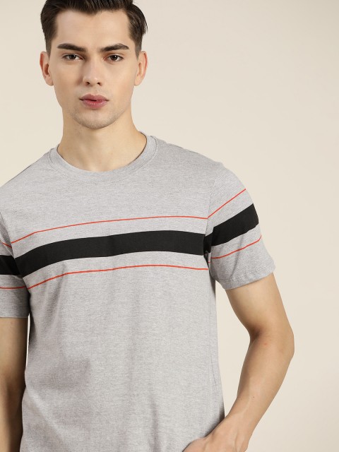 

INVICTUS Men Grey & Black Striped Cotton T-shirt