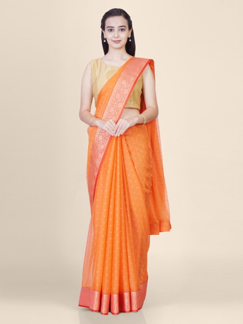 

Hastakala Orange Pure Chiffon Solid Banarasi Saree