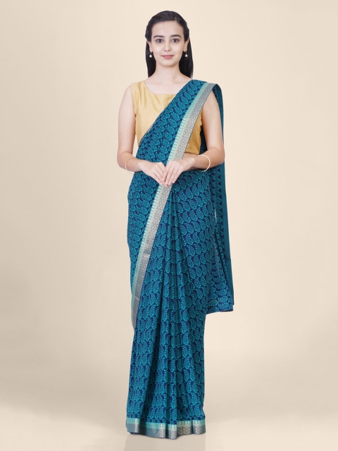 

Hastakala Navy Blue & Silver-Toned Pure Georgette Printed Bandhani Handloom Saree