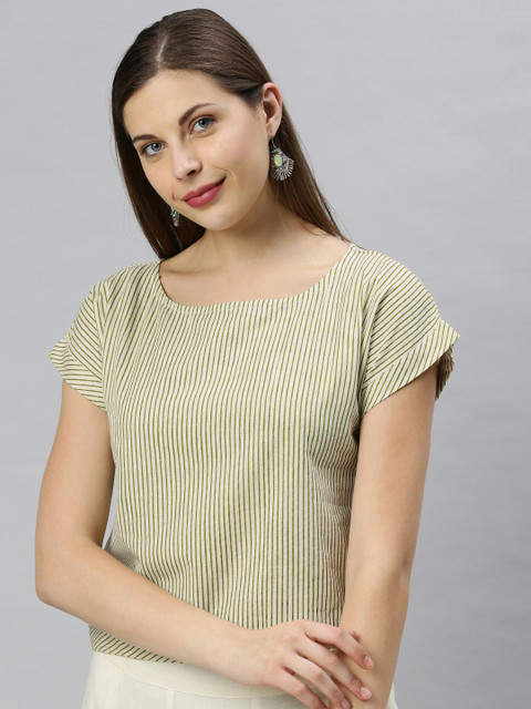 

Janasya Cream-Coloured & Green Striped Boxy Top