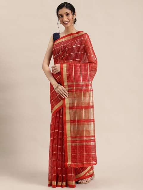 

Pisara Red & Gold-Toned Cotton Blend Checked Saree