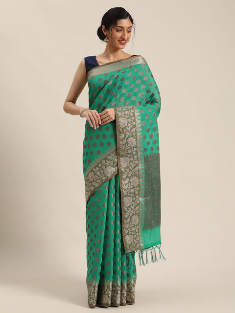 

Pisara Green & Grey Silk Cotton Polka Dots Woven Design Banarasi Saree