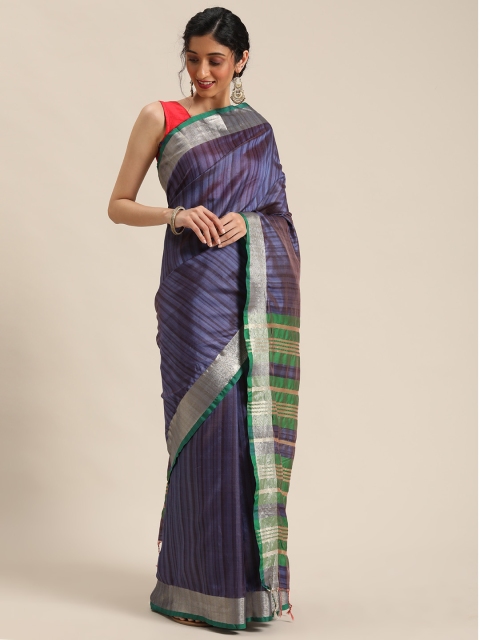 

Pisara Navy Blue & Green Striped Chanderi Saree