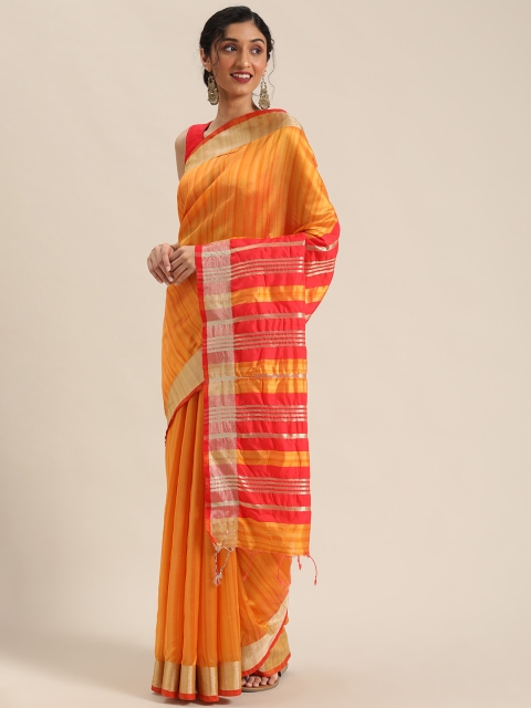 

Pisara Mustard Yellow & Red Striped Chanderi Saree