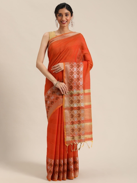 

Pisara Rust Orange Striped Kanjeevaram Saree