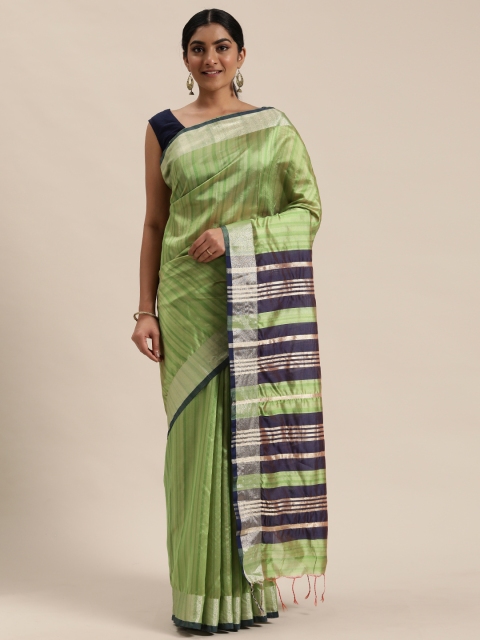 

Pisara Green & Silver Silk Cotton Striped Chanderi Saree