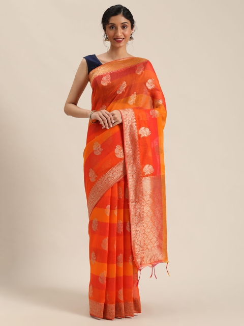 

Pisara Orange & Gold-Toned Woven Design Chanderi Saree