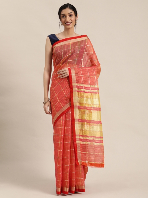 

Pisara Peach-Coloured & Golden Checked Saree