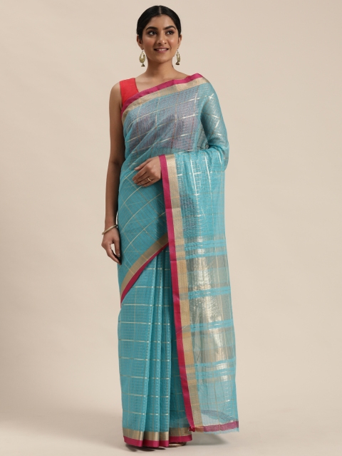 

Pisara Turquoise Blue & Golden Cotton Blend Checked Zari Saree