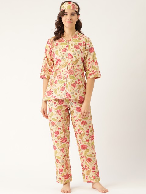 

Rapra The Label Women Cream-Coloured & Magenta Printed Night suit