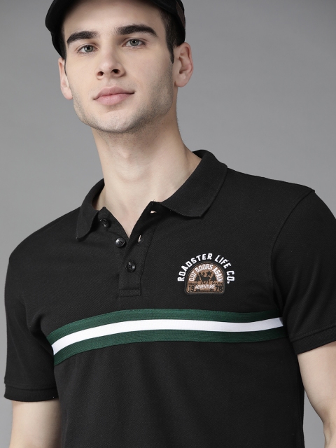 

The Roadster Lifestyle Co Men Black Striped Pure Cotton Polo Collar T-shirt