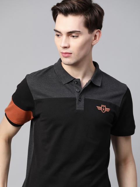 

Roadster Men Black Colourblocked Polo Collar T-shirt