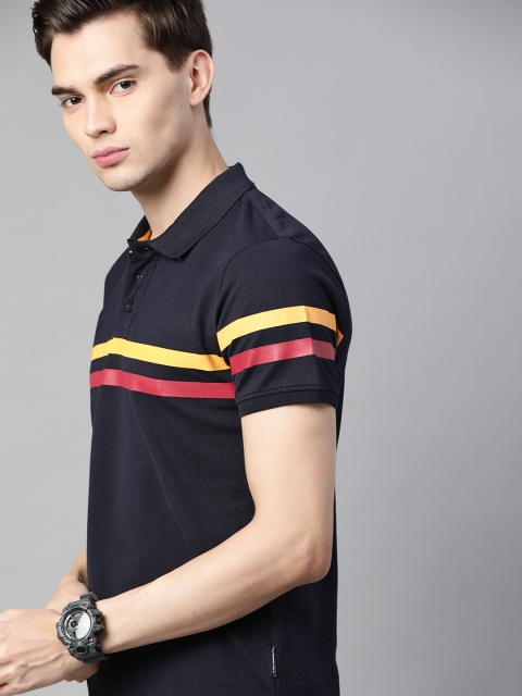 

Roadster Men Navy Blue Pure Cotton Striped Polo Collar Pure Cotton T-shirt