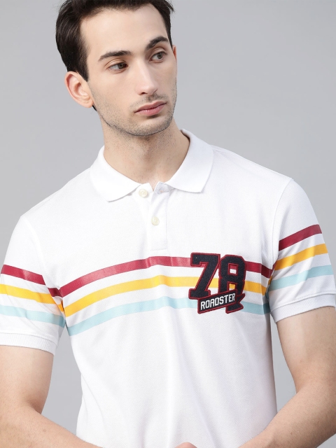 

The Roadster Lifestyle Co Men White & Blue Striped Polo Collar T-shirt