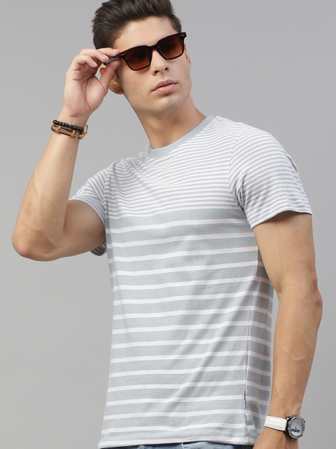 

The Roadster Lifestyle Co Men Grey White Striped Pure Cotton T-shirt