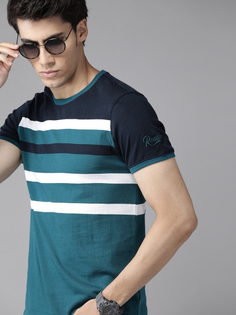 

The Roadster Lifestyle Co Men Teal Blue White Striped Pure Cotton T-shirt