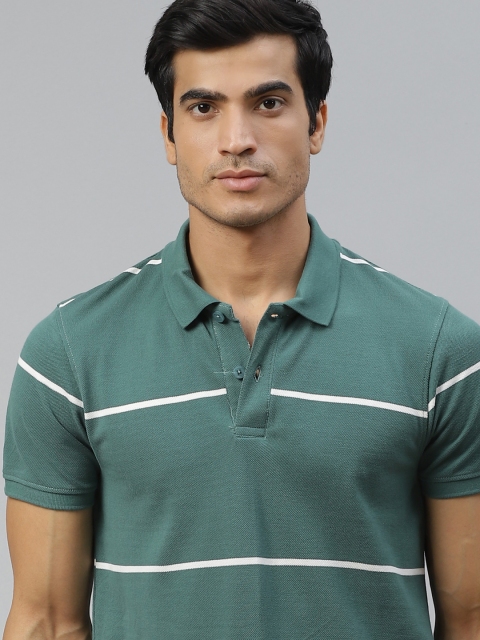 

The Roadster Lifestyle Co Men Green White Striped Pure Cotton Polo Collar Pure Cotton T-shirt