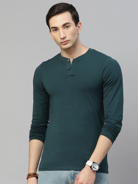 

Roadster Men Teal Blue Solid Henley Neck T-shirt