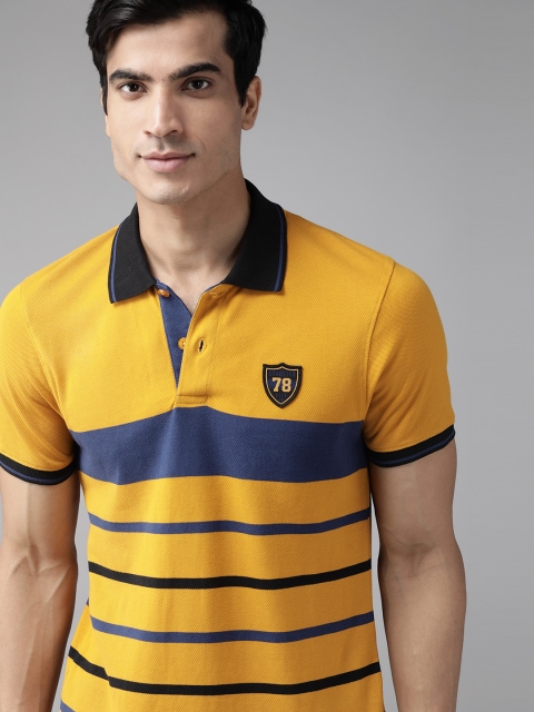 

Roadster Men Mustard Yellow Blue Striped Cotton Polo Collar T-shirt