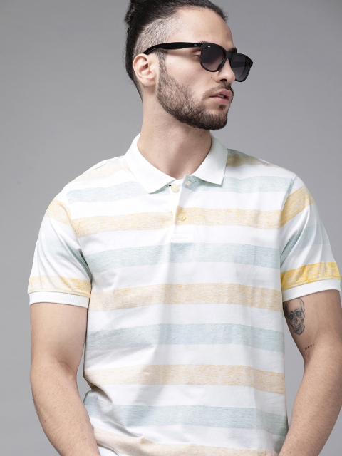 

The Roadster Lifestyle Co Men White & Blue Striped Cotton Polo Collar T-shirt