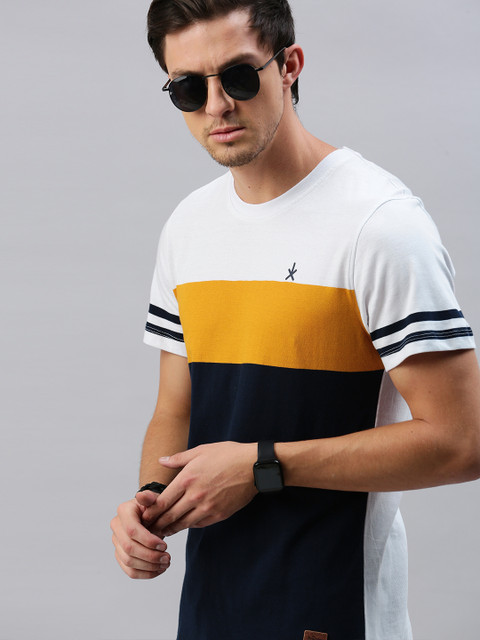 

Roadster Men White Colourblocked Round Neck Pure Cotton T-shirt
