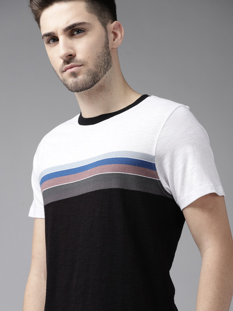 

Roadster Men White Black Striped Pure Cotton T-shirt