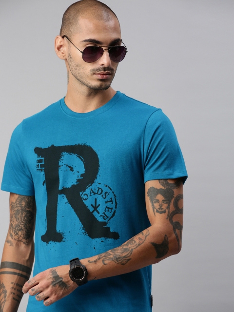 

The Roadster Lifestyle Co Men Blue Black Brand Logo Printed Pure Cotton T-shirt