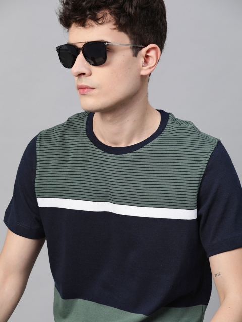

The Roadster Lifestyle Co Men Navy Blue Green Pure Cotton Striped Pure Cotton T-shirt