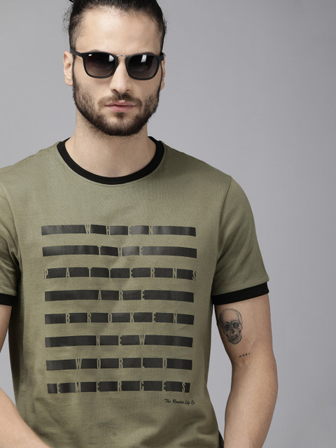 

The Roadster Lifestyle Co Men Olive Green Black Striped Pure Cotton T-shirt with Typography Print