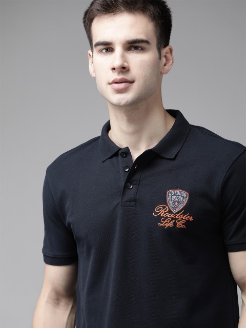 

The Roadster Lifestyle Co Men Navy Blue Brand Logo Embroidered Detail Pure Cotton Polo Collar T-shirt