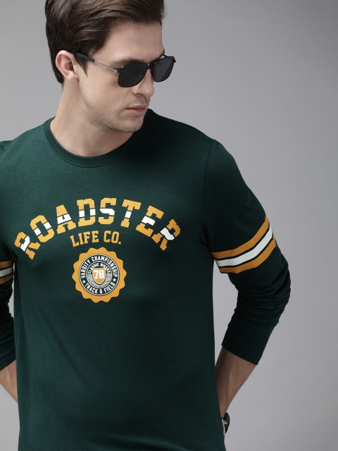 

The Roadster Lifestyle Co Men Green Mustard Yellow Cotton Brand Logo Printed Pure Cotton T-shirt