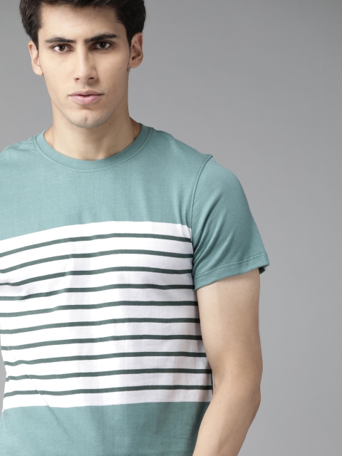 

The Roadster Lifestyle Co Men Green & White Striped Cotton T-shirt