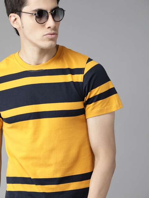 

The Roadster Lifestyle Co Men Mustard Yellow & Navy Blue Striped Cotton T-shirt