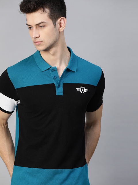 

The Roadster Lifestyle Co Men Black Blue Colourblocked Polo Collar Pure Cotton T-shirt