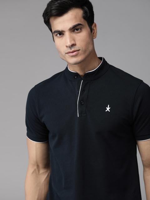 

The Roadster Lifestyle Co Men Navy Blue Solid Cotton Mandarin Collar T-shirt