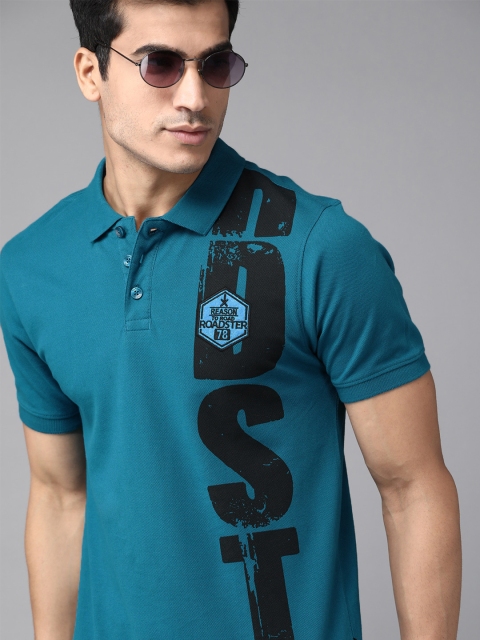 

Roadster Men Teal Blue Pure Cotton Printed Polo Collar Pure Cotton T-shirt