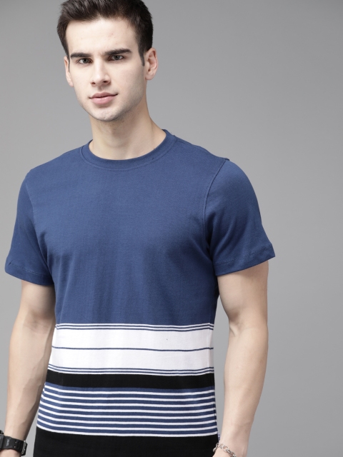 

Roadster Men Blue & White Pure Cotton Striped Round Neck T-shirt