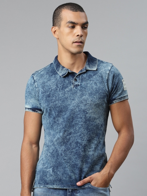 

The Roadster Lifestyle Co Men Blue Cotton Washed Polo Collar Pure Cotton T-shirt