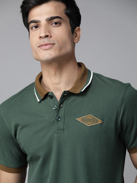 

Roadster Men Green Solid Pure Cotton Polo Collar T-shirt With Embroidered Detail