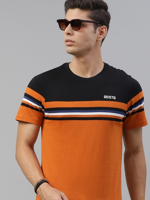 

Roadster Men Orange & Black Striped Pure Cotton T-Shirt