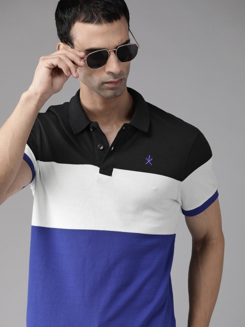 

Roadster Men Blue White Colourblocked Pure Cotton Polo Collar T-shirt