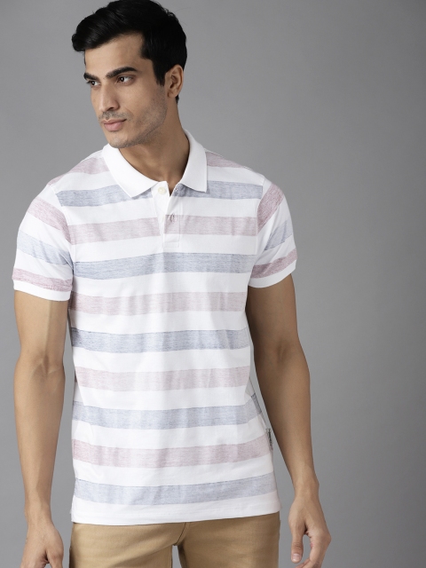 

The Roadster Lifestyle Co Men White & Blue Striped Cotton Polo Collar T-shirt