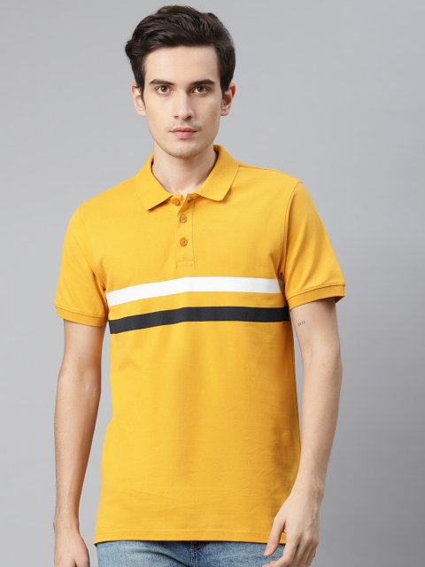 

The Roadster Lifestyle Co Men Mustard Yellow & White Striped Pure Cotton Polo Collar T-shirt