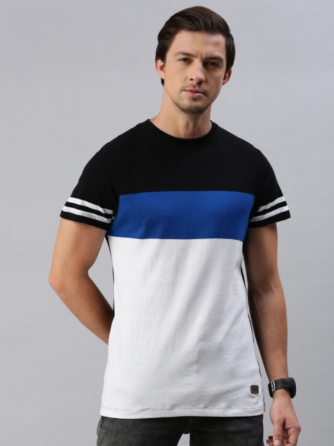 

The Roadster Lifestyle Co Men White Blue Colourblocked Round Neck Pure Cotton T-shirt