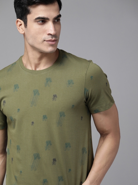 

The Roadster Lifestyle Co Men Olive Green Navy Blue Typography Printed Pure Cotton T-shirt