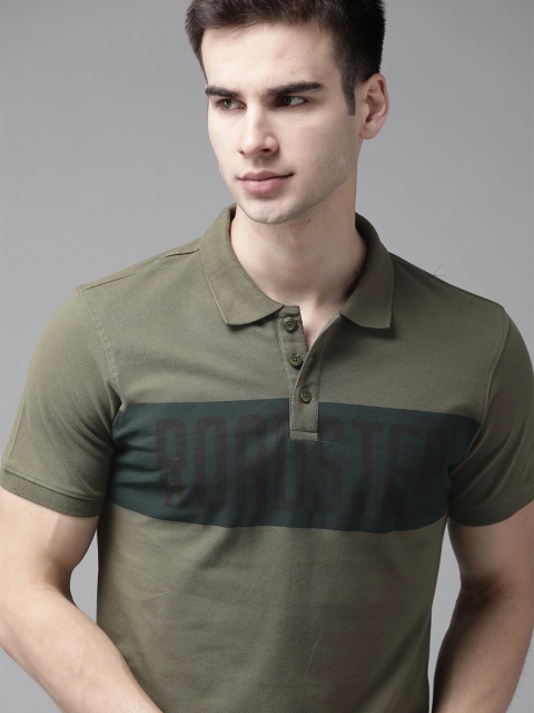 

Roadster Men Olive Green Pure Cotton Colourblocked Polo Collar T-shirt