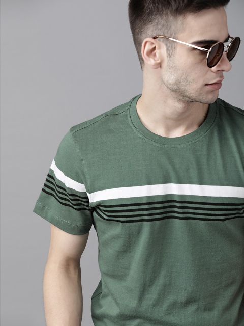 

The Roadster Lifestyle Co Men Green Black Striped Pure Cotton T-shirt